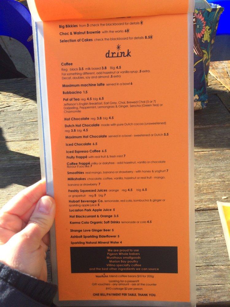 Menu at Machine Laundry Cafe, Battery Point