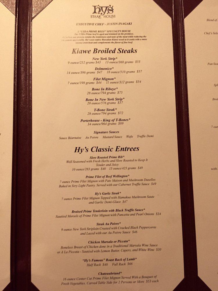 Menu at Hy's Steak House steakhouse, Honolulu
