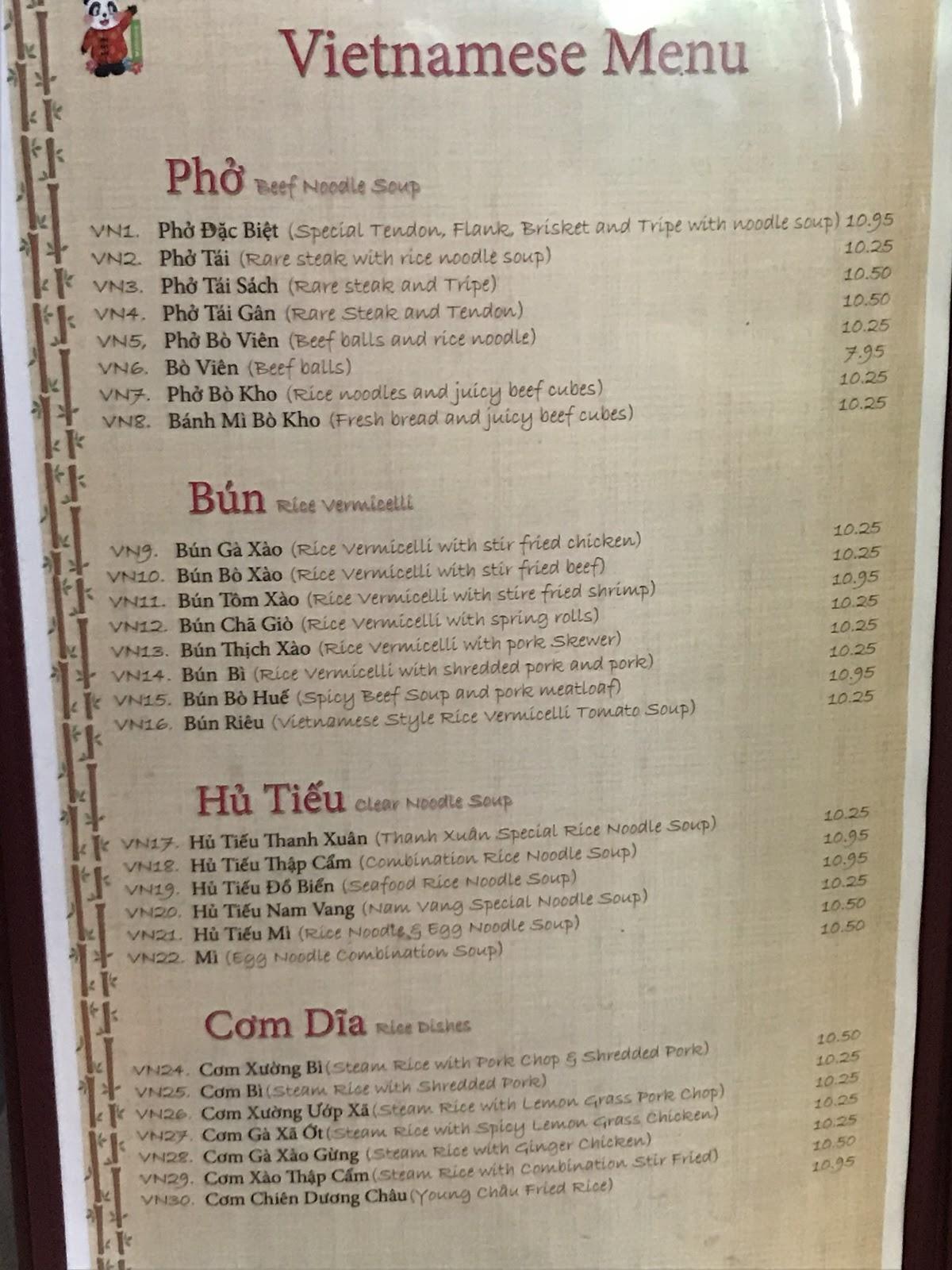 Menu at Saigon Panda restaurant, Sioux Falls