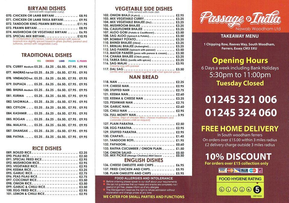 Menu at Passage To India restaurant, South Woodham Ferrers