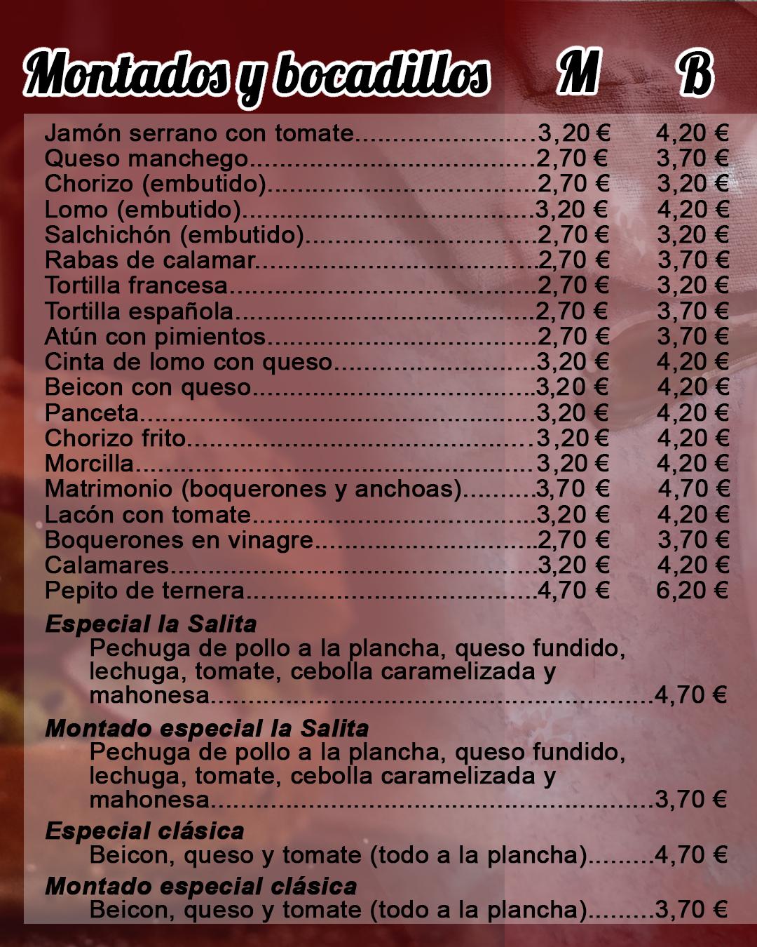 Carta de Bar Cafetería La Salita, Alcobendas, C. de Ruperto Chapí