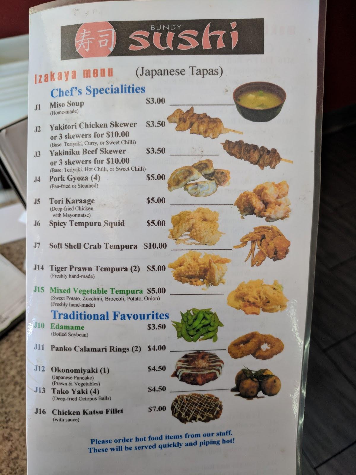 Menu at Bundy Sushi restaurant, Bundaberg Central