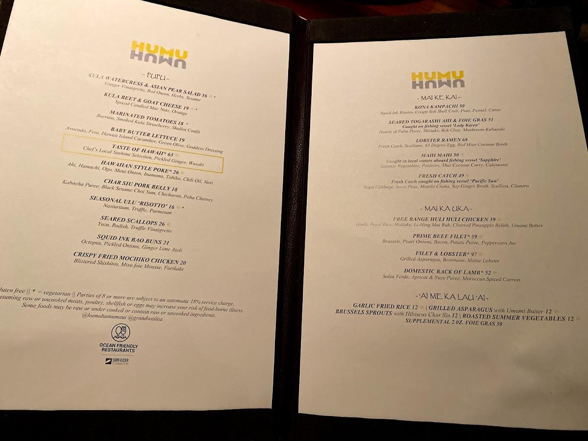 Menu at Humuhumunukunukuapua'a restaurant, WaileaMakena, Wailea Alanui Dr