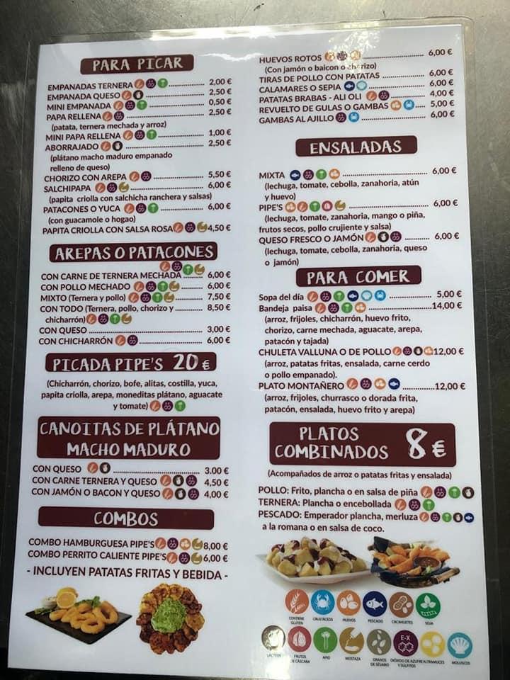 Menu at Pipes Café Bar, Port de Sagunt