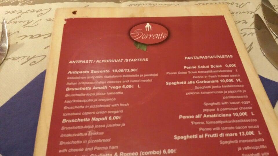 Menu at Trattoria Sorrento restaurant, Kuopio