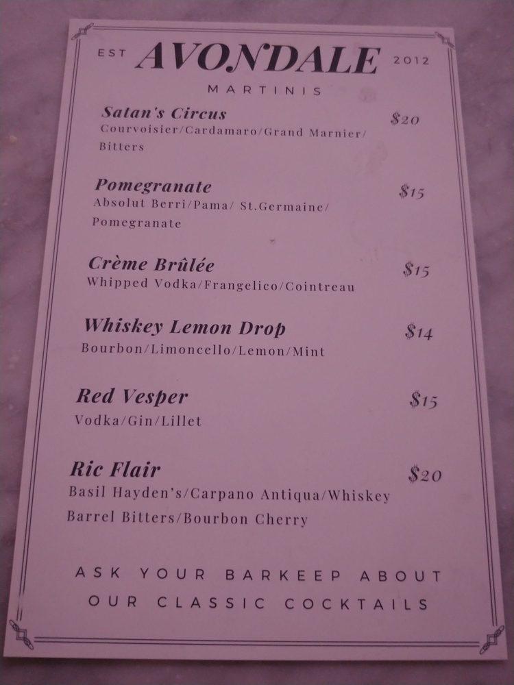 Menu at The Avondale Bar & Tap Room, Auburn