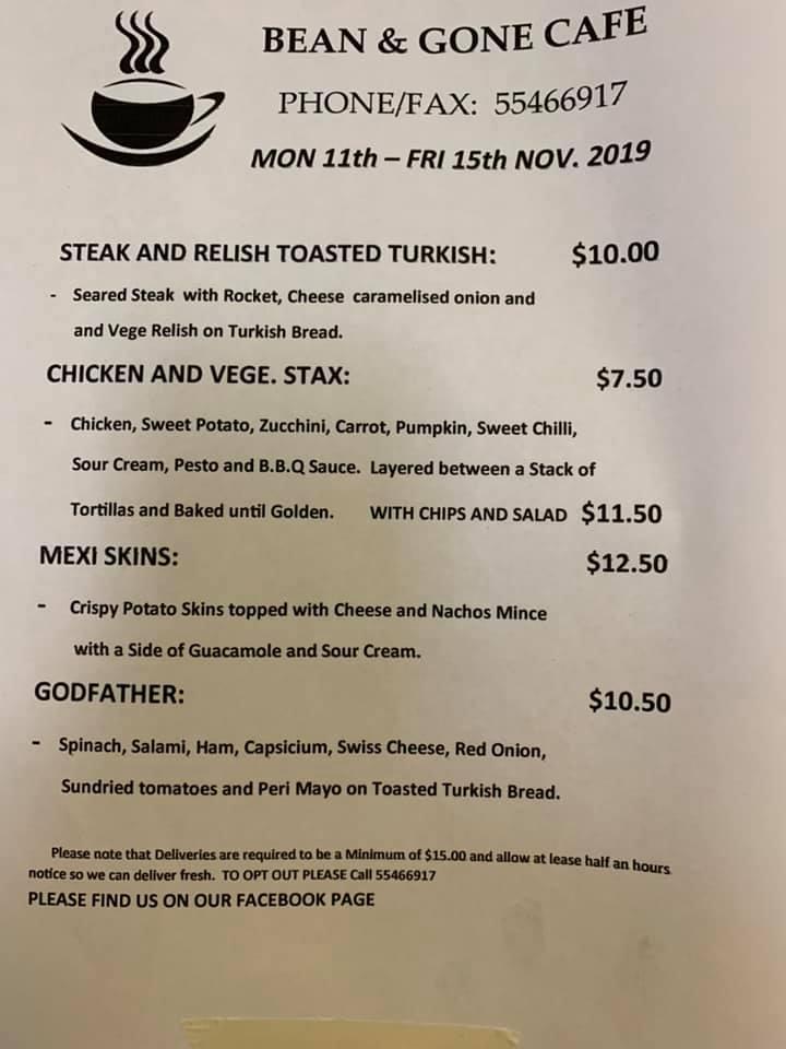 Menu at Bean & Gone Cafe, Ormeau