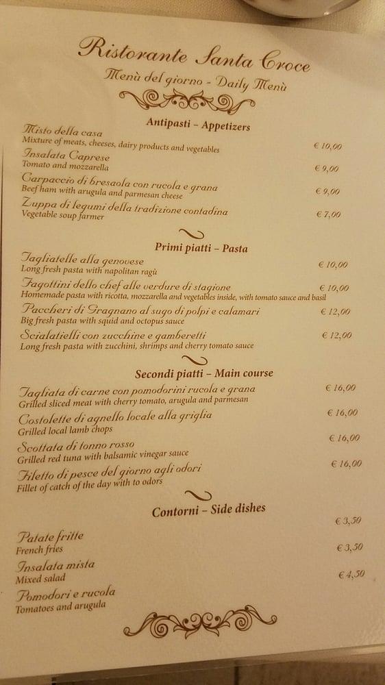 Menu at Santa Croce restaurant, Positano