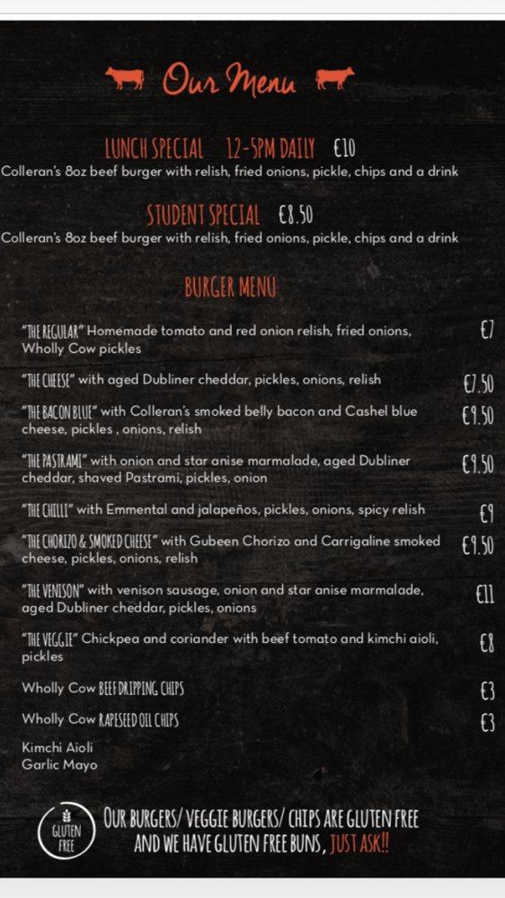 Menu At Wholly Cow Burgers Restaurant Galway 