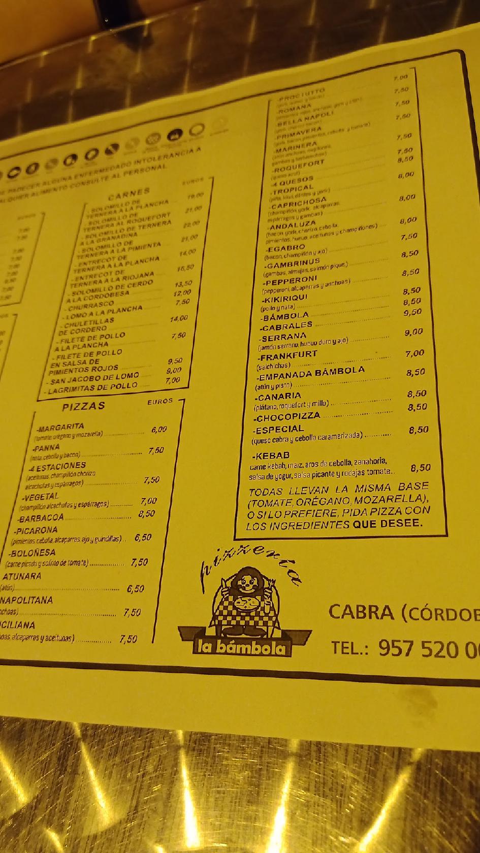 Menu at Restaurante Pizzeria la Bambola Cabra