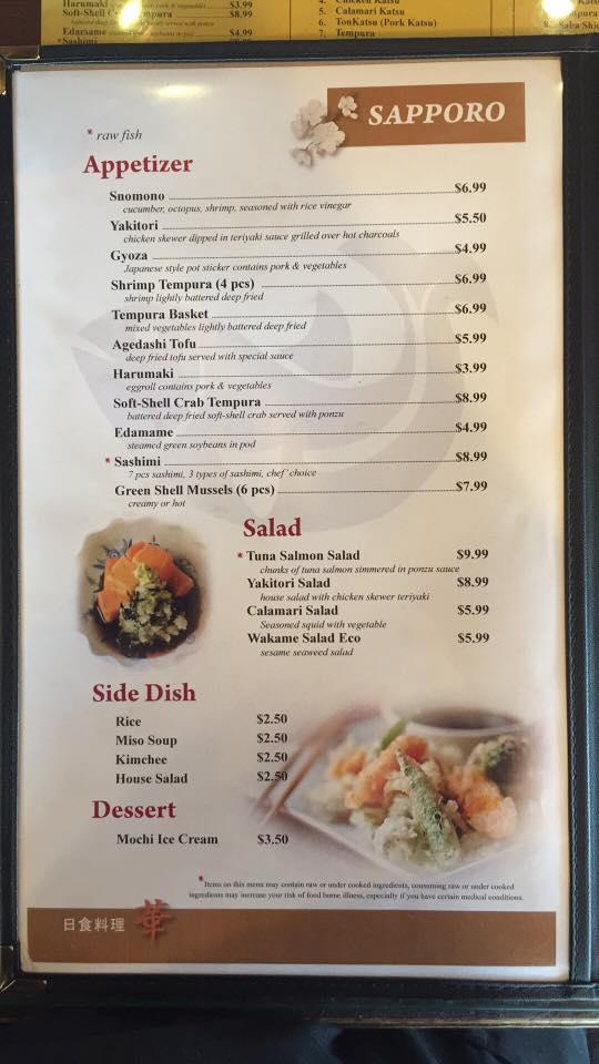 Menu at Sapporo & Sushi Restaurant, Fife