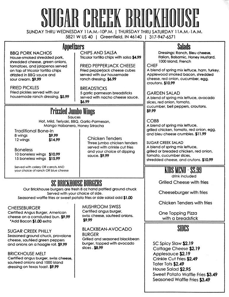Menu at Sugar Creek Brickhouse pub & bar, USA