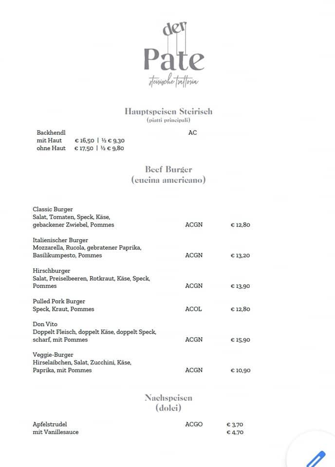 Speisekarte von Der Pate restaurant, Gleinstätten