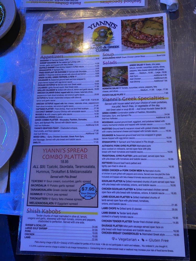 Menu at Yianni's Greek Cuisine restaurant, Tarpon Springs