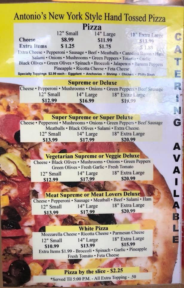 Menu at Antonio's pizzeria, East Palatka