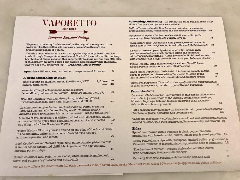 Menu at Vaporetto Bar & Eatery Hawthorn Italian Restaurant Est. 2014