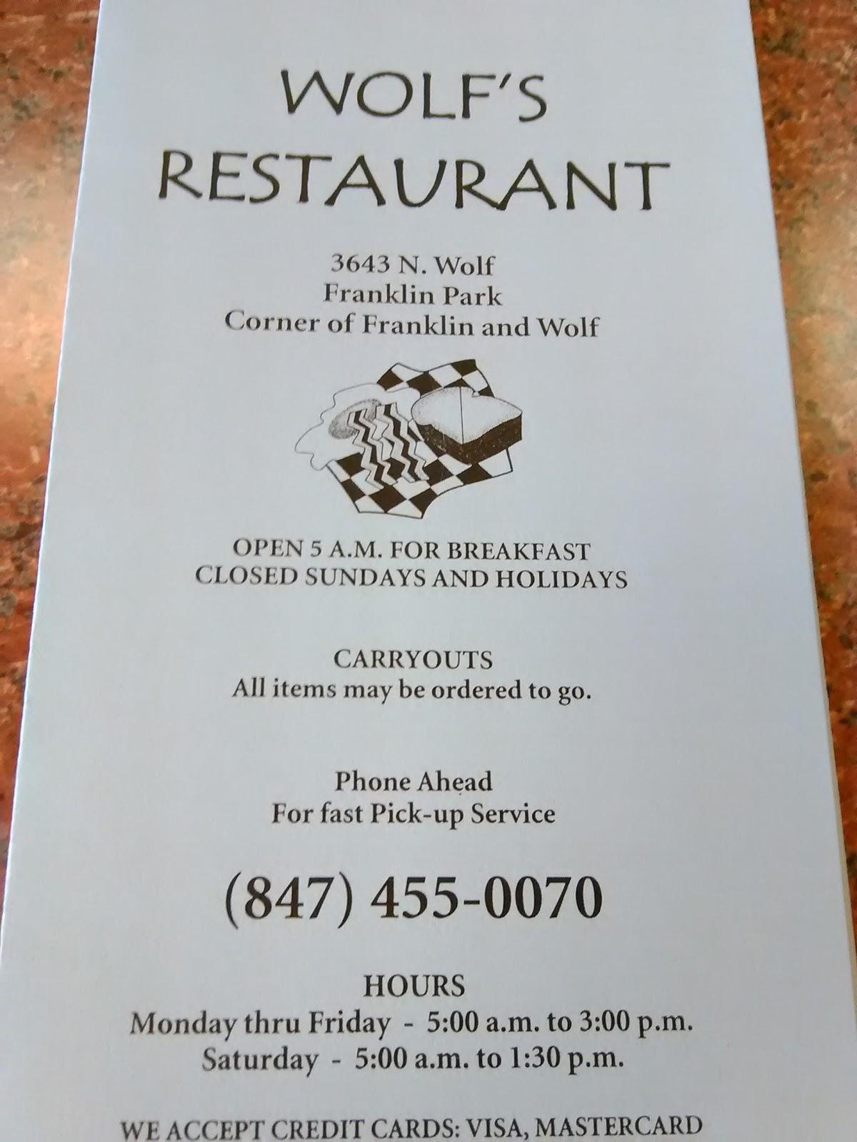 Menu at Wolf's restaurant, Franklin Park
