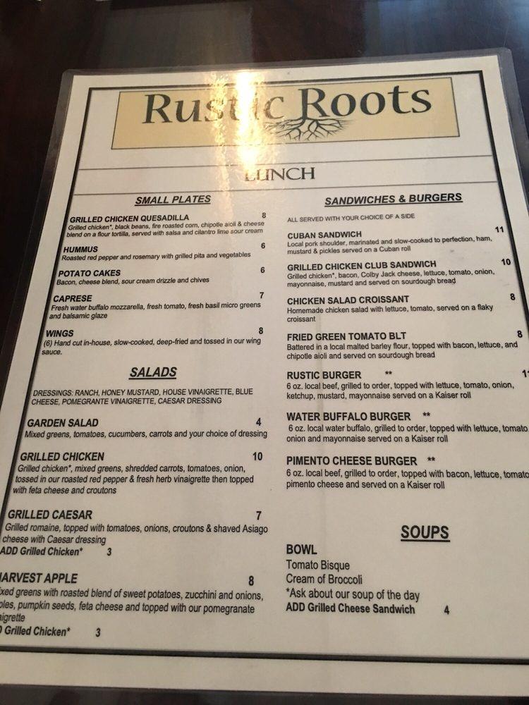 Menu at Rustic Roots restaurant, Lexington