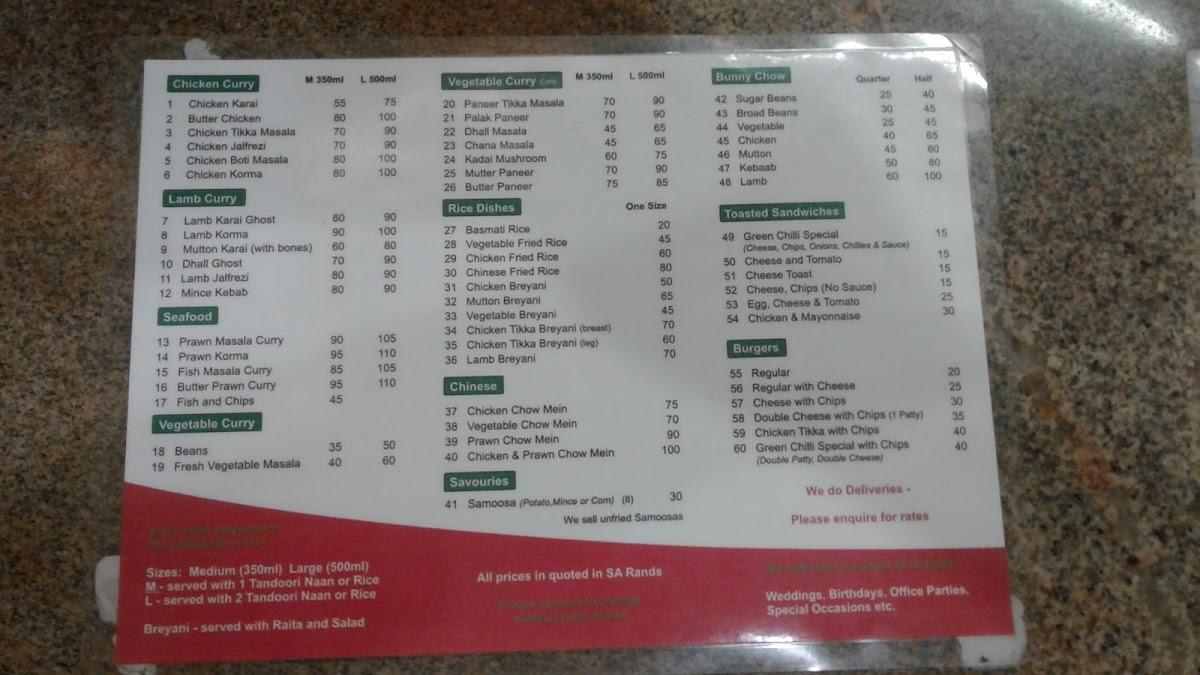 Menu at Green chilli fine dining restaurant, Margate