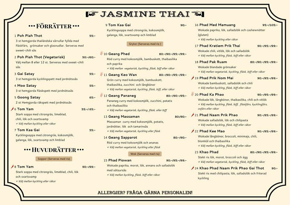Menu at Jasmine Thai Restaurant, Ängelholm
