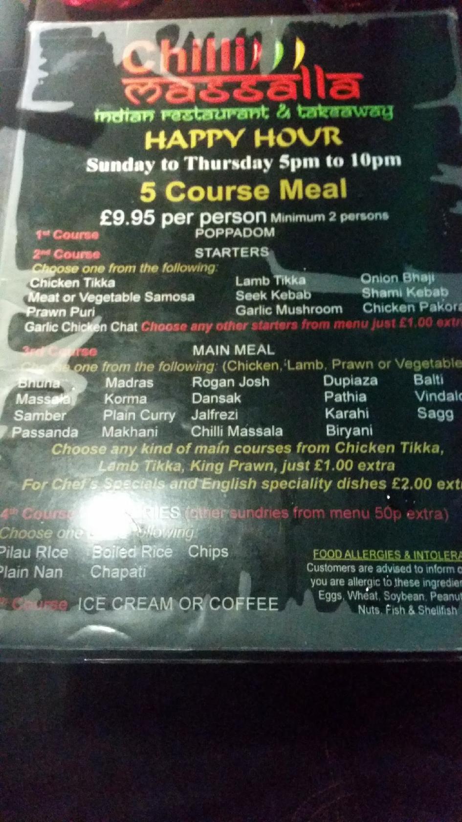 Menu at Chilli Massalla restaurant, Stockport