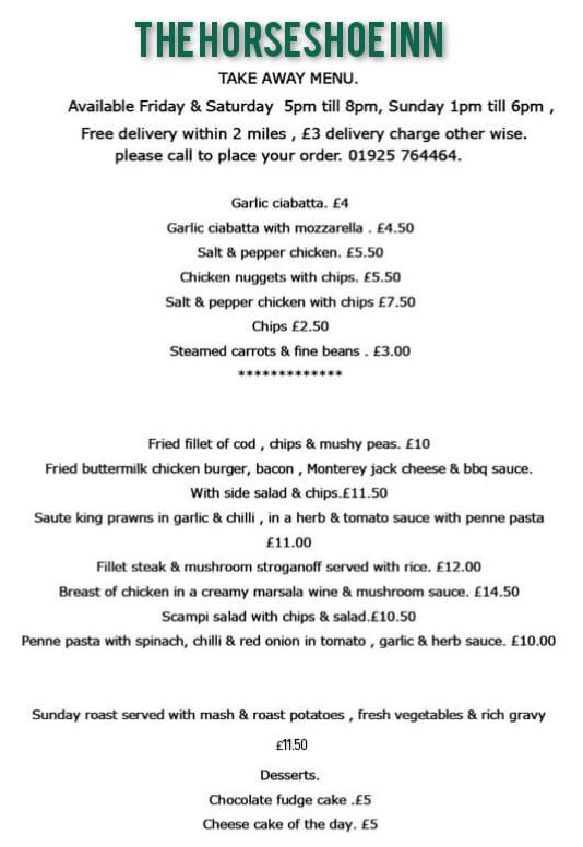Menu at The Horseshoe Inn pub & bar, Warrington, 3 Smithy Ln