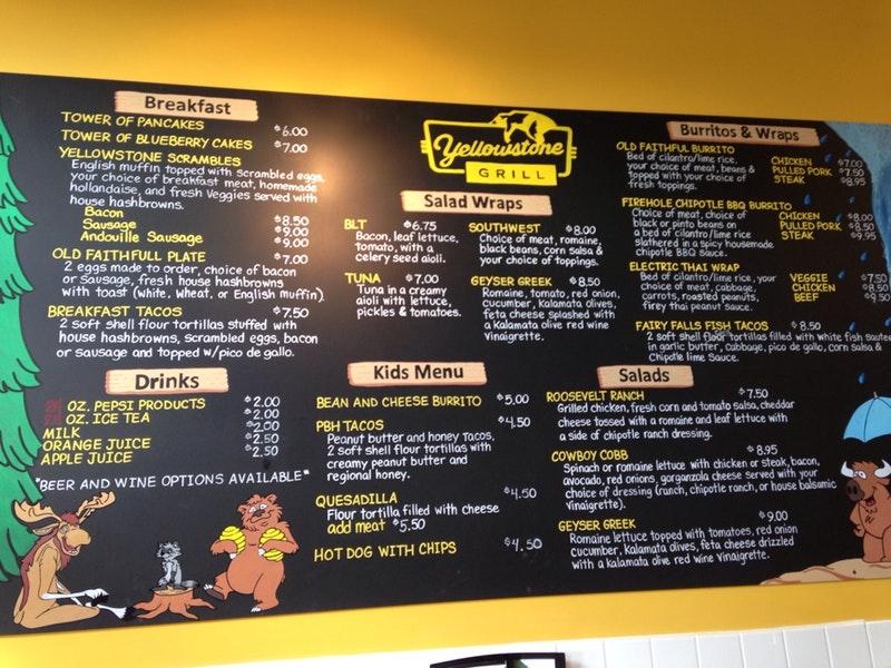 Carta del café Yellowstone Grill, Gardiner