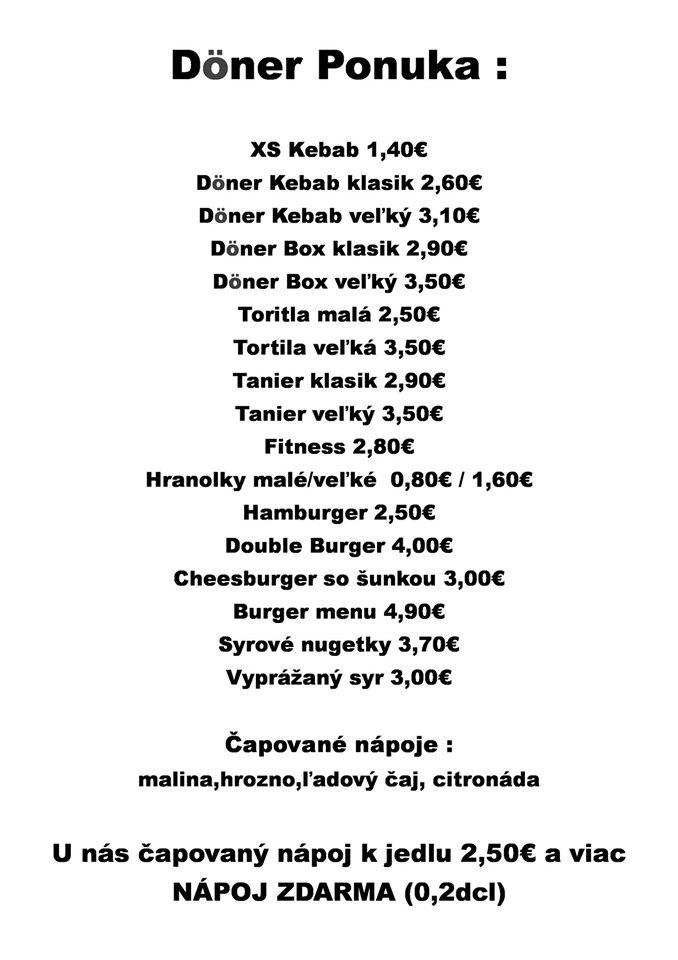 Speisekarte von Doner Kebab Vedľa Tatra Banky restaurant, Zlaté Moravce