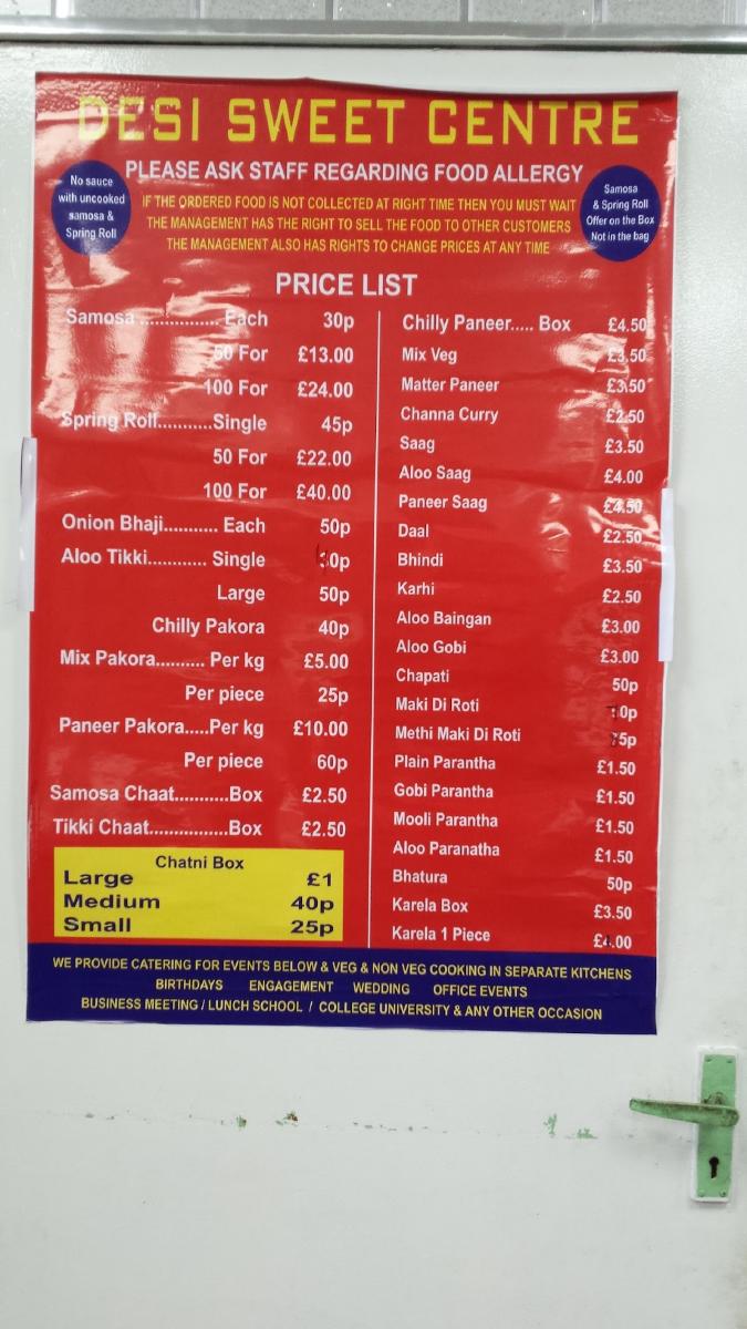 Menu at Desi Sweet Centre restaurant, Derby