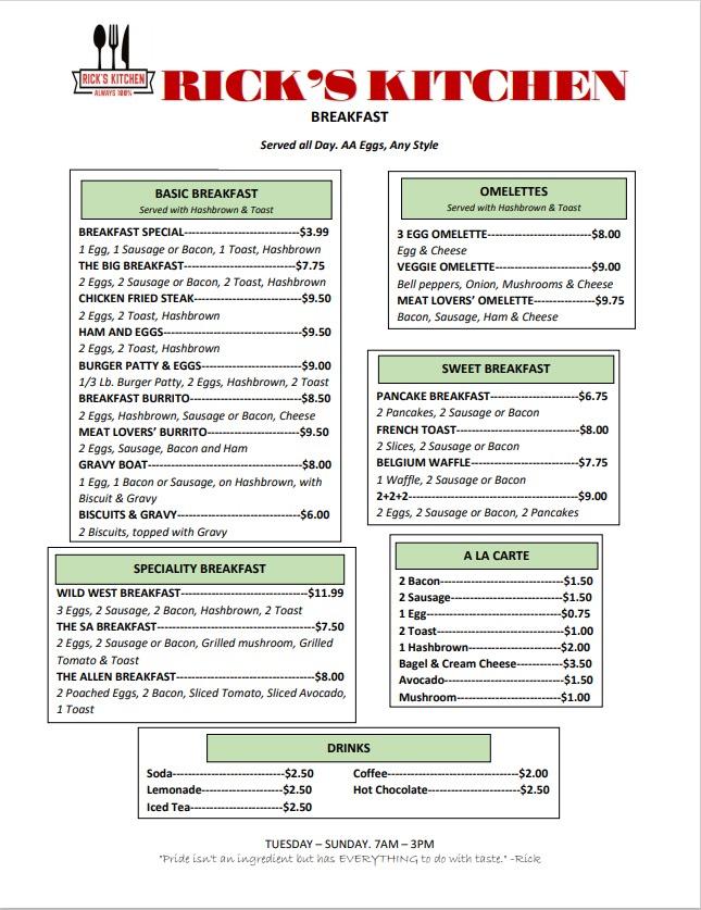 Menu at Rick's Kitchen restaurant, Yuma, S Frontage Rd