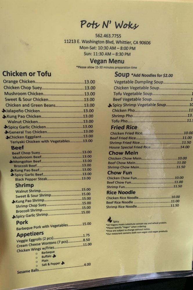 Menu at Pots N Woks restaurant, Whittier