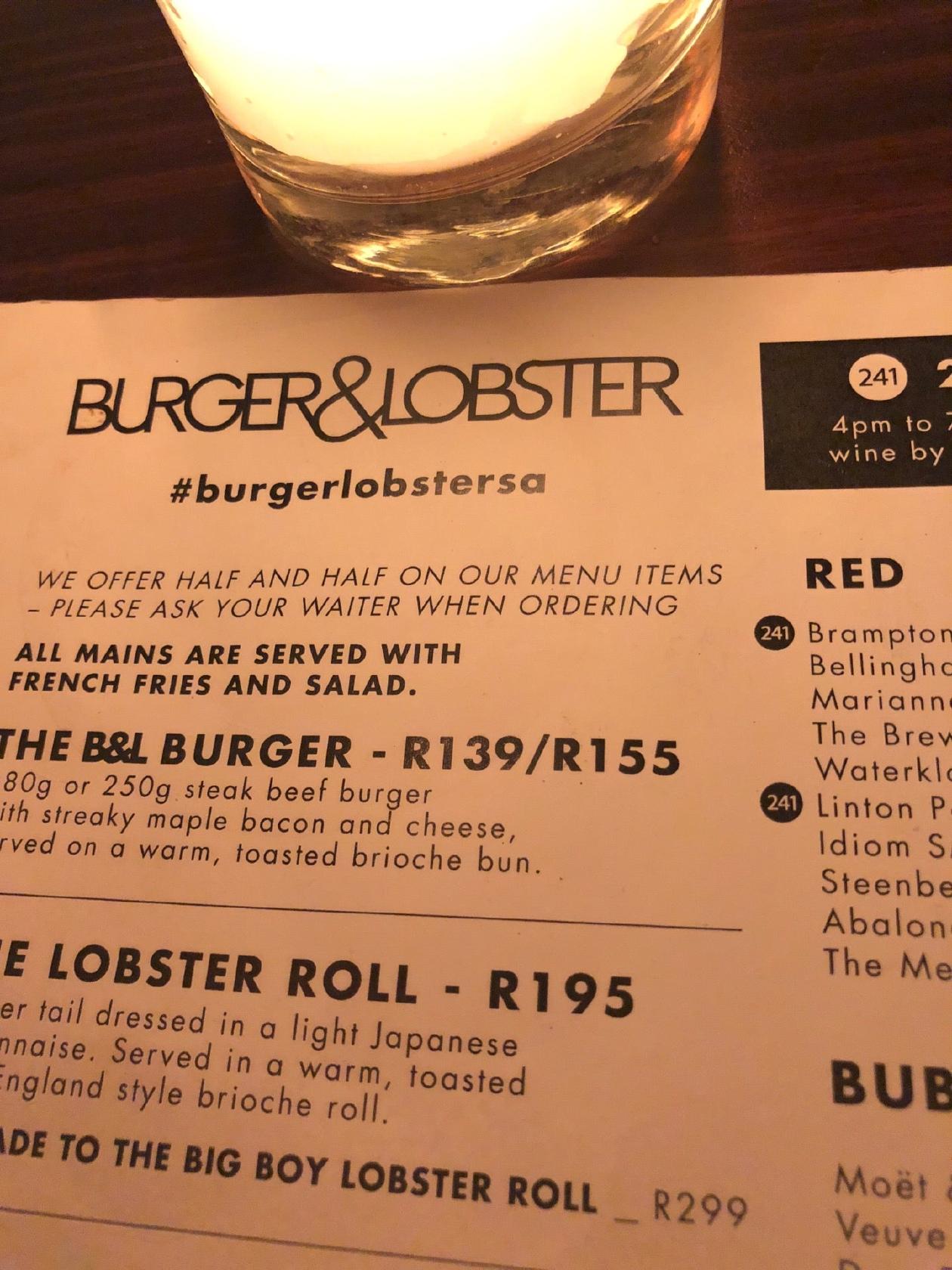 Menu at Burger & Lobster restaurant, Cape Town