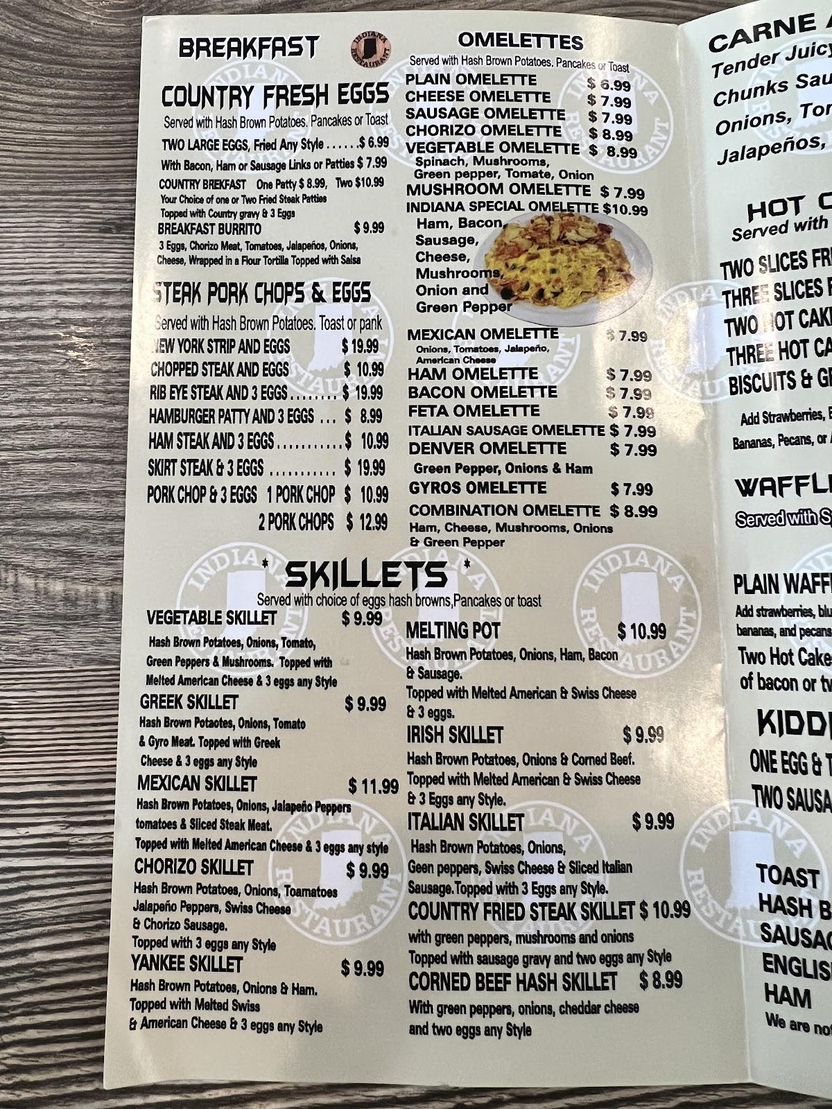 Menu at Indiana Restaurant, East Chicago
