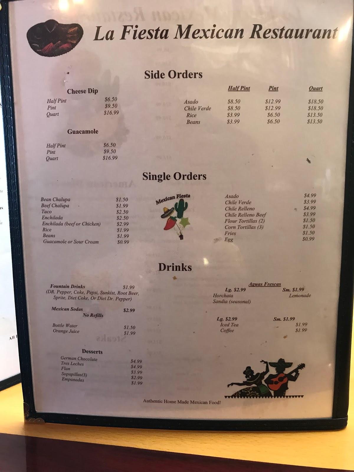 Menu at La Fiesta Mexican Restaurant, Pecos
