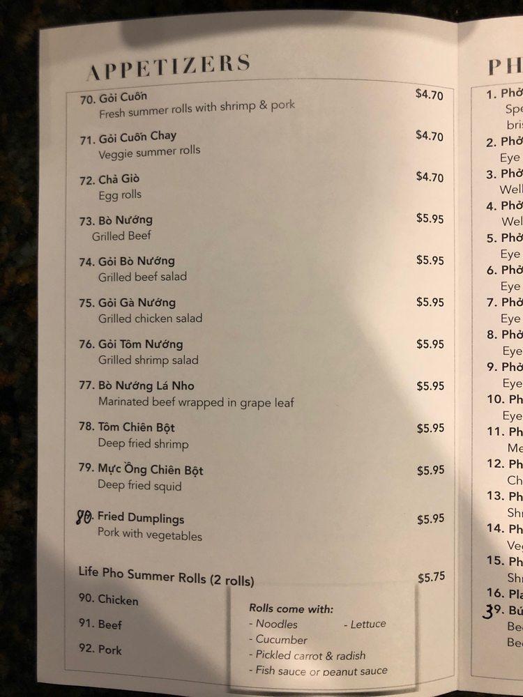 Menu at Life Pho restaurant, Severna Park