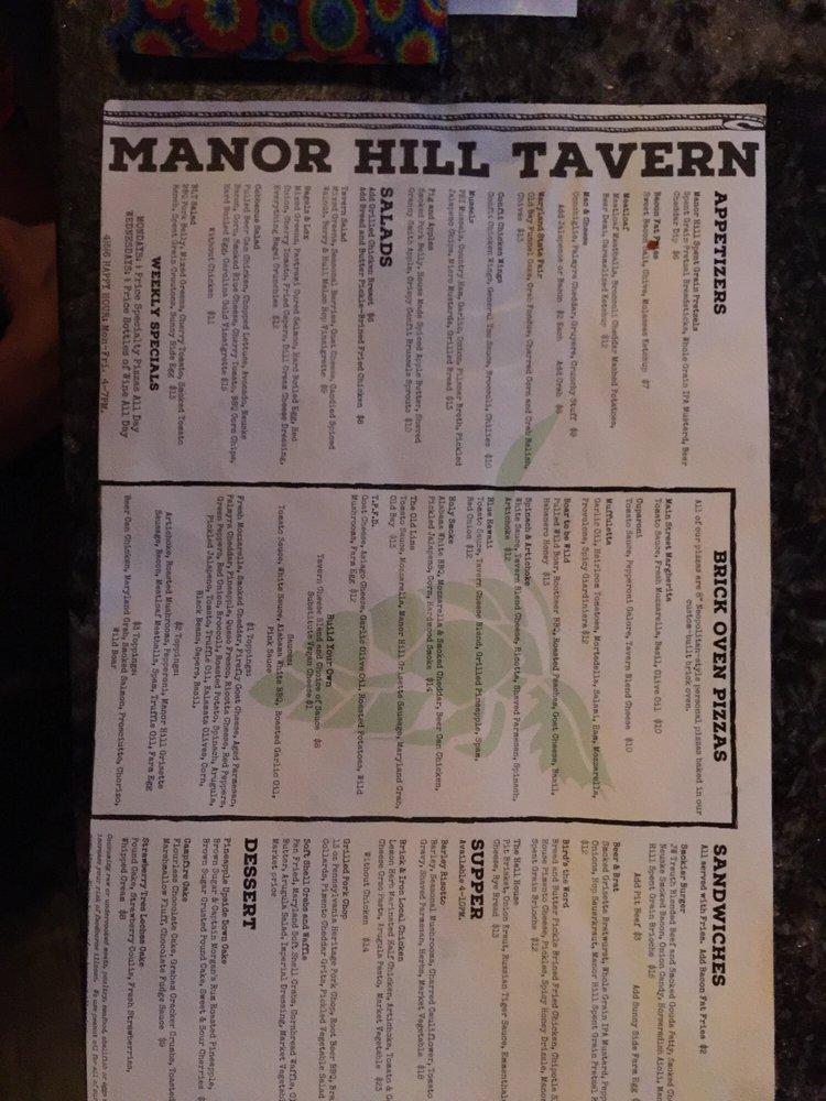 Menu at Manor Hill Tavern pub & bar, Ellicott City