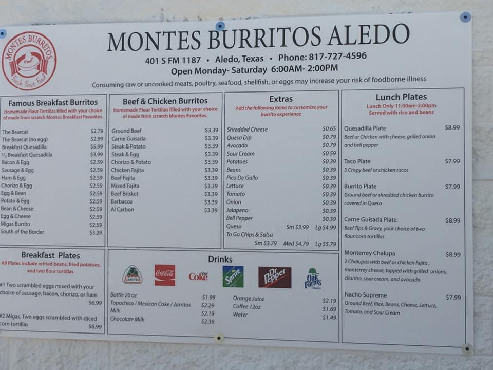 Menu at Montes Burritos Aledo restaurant, Aledo