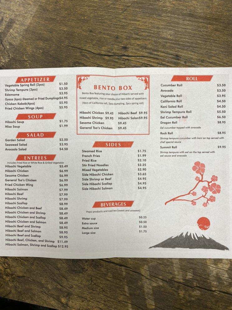 Menu at Yummy Hibachi restaurant, Greensboro