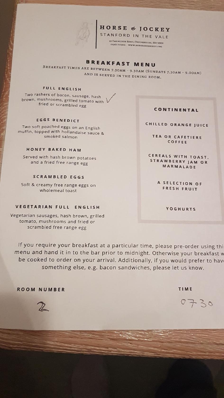 Menu at Horse & Jockey pub & bar, Stanford in the Vale