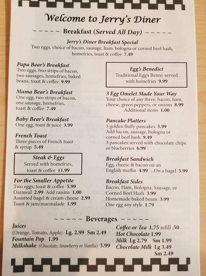 Menu at Jerry's Diner restaurant, Bridgewater