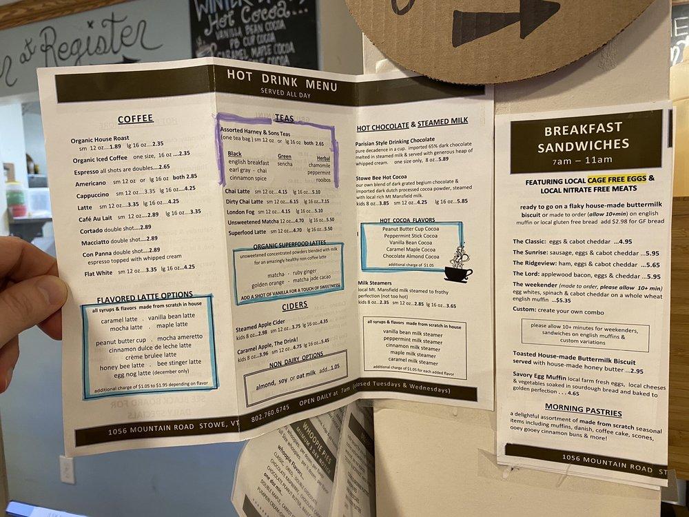Menu at Stowe Bee Bakery & Cafe, Stowe