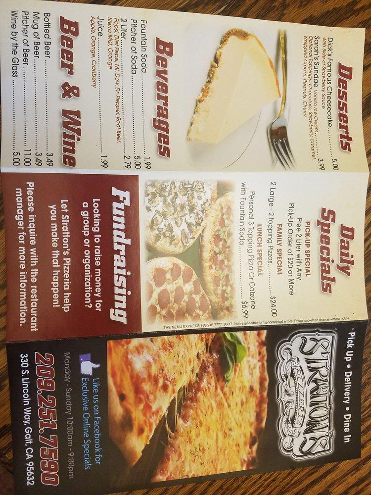Menu at Stratton's Pizzeria, Galt