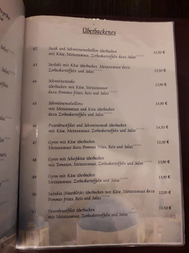 Menu at Zorbas restaurant, Hohe Börde