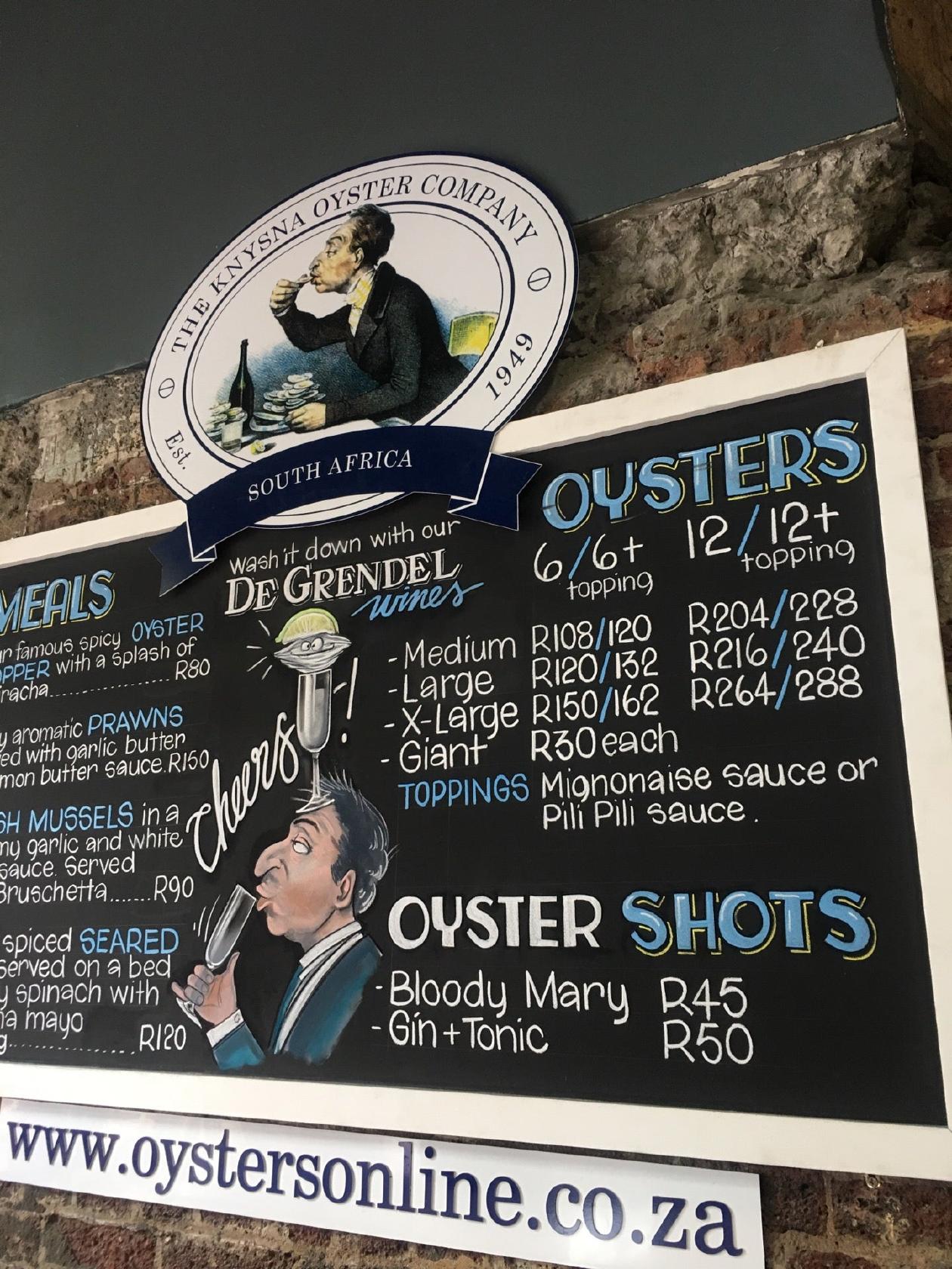 Menu at Knysna Oyster Company restaurant, Cape Town