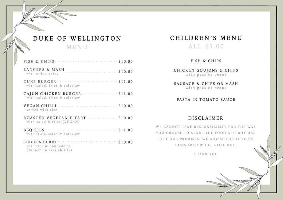 Menu At Duke Of Wellington Pub Bar West Malling Birling Rd