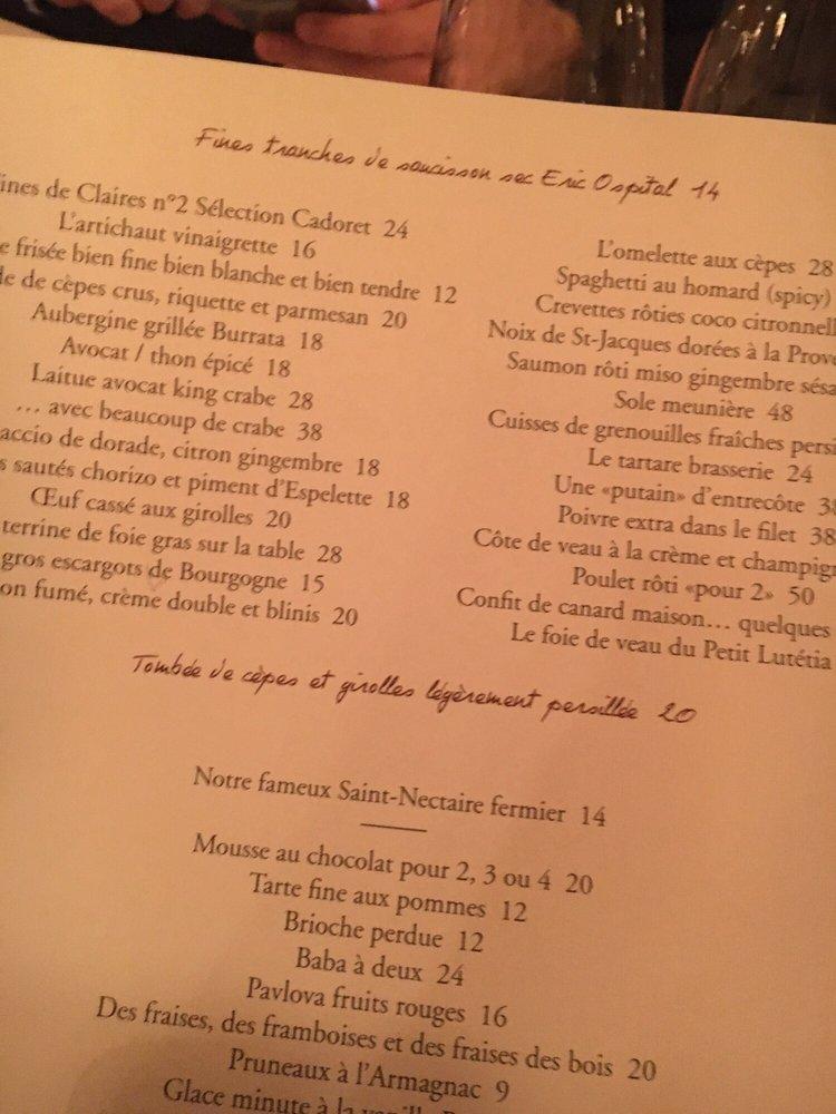 Menu au Le Petit Lutetia restaurant, Paris, 107 Rue de Sèvres