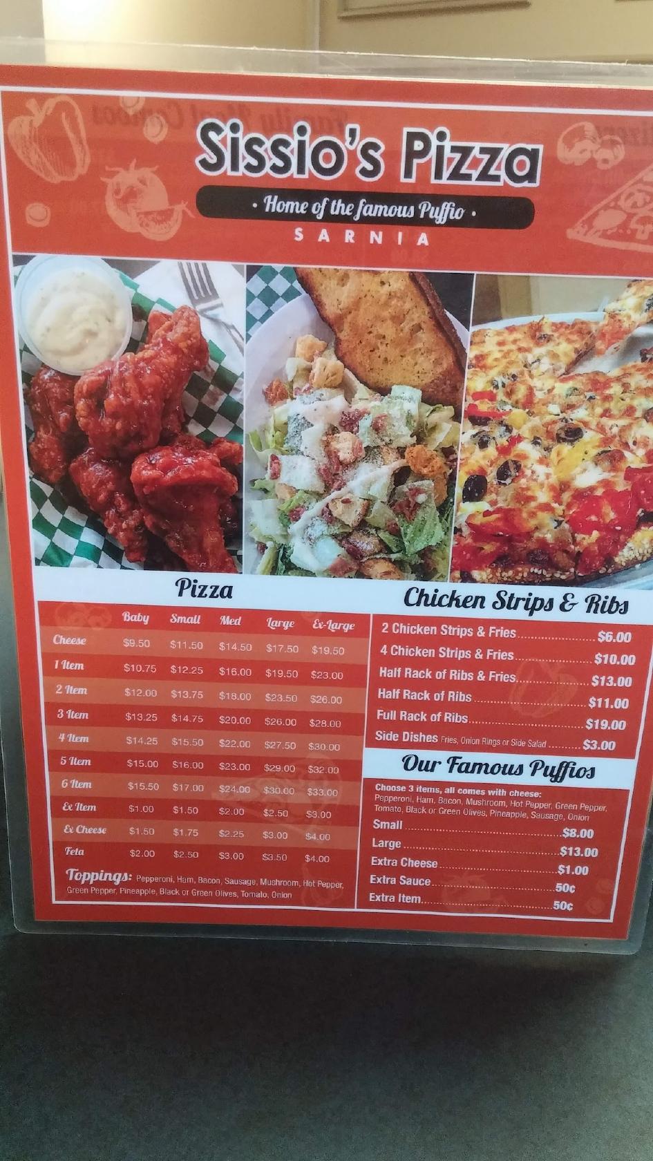Menu at Sissio's Pizza pizzeria, Sarnia, 869 Exmouth St