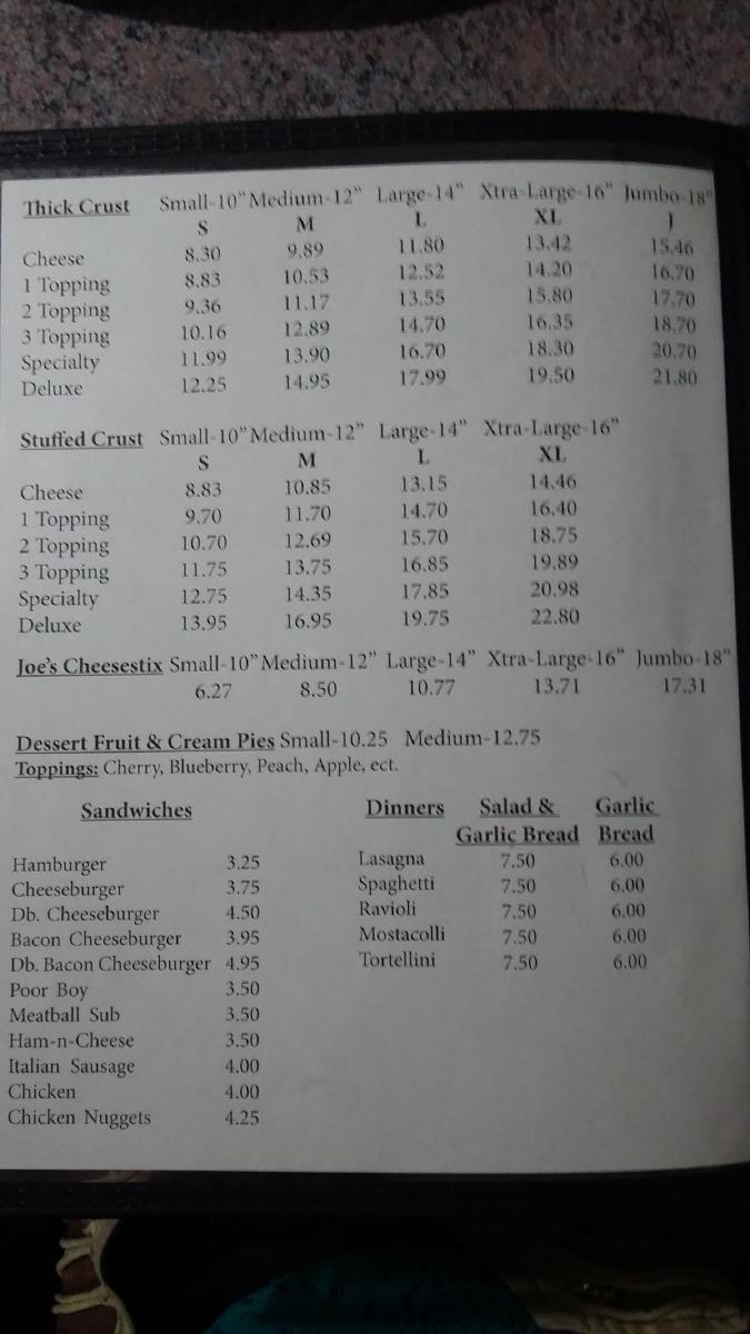 Menu at Joe's Pizza pizzeria, Roodhouse