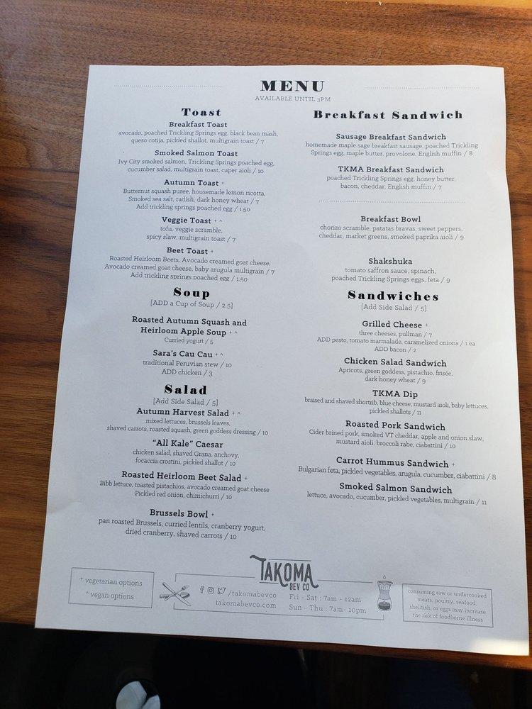 Menu at Takoma Beverage Company pub & bar, Takoma Park