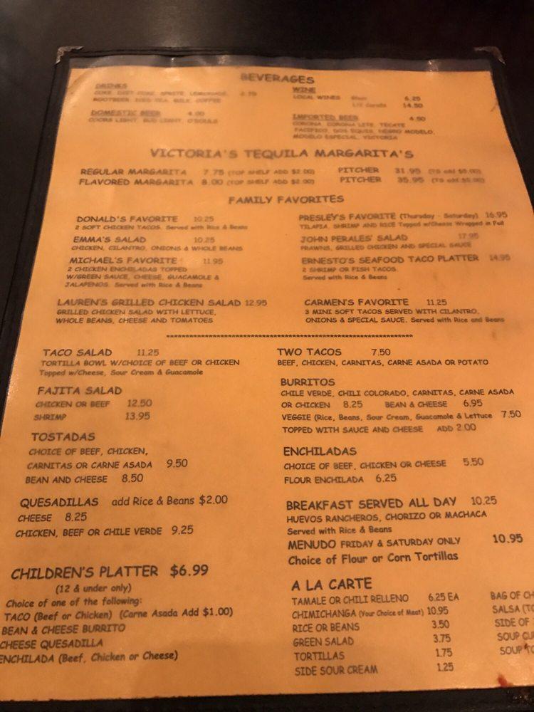 Menu at Victoria's Mexican Restaurant, Gilroy